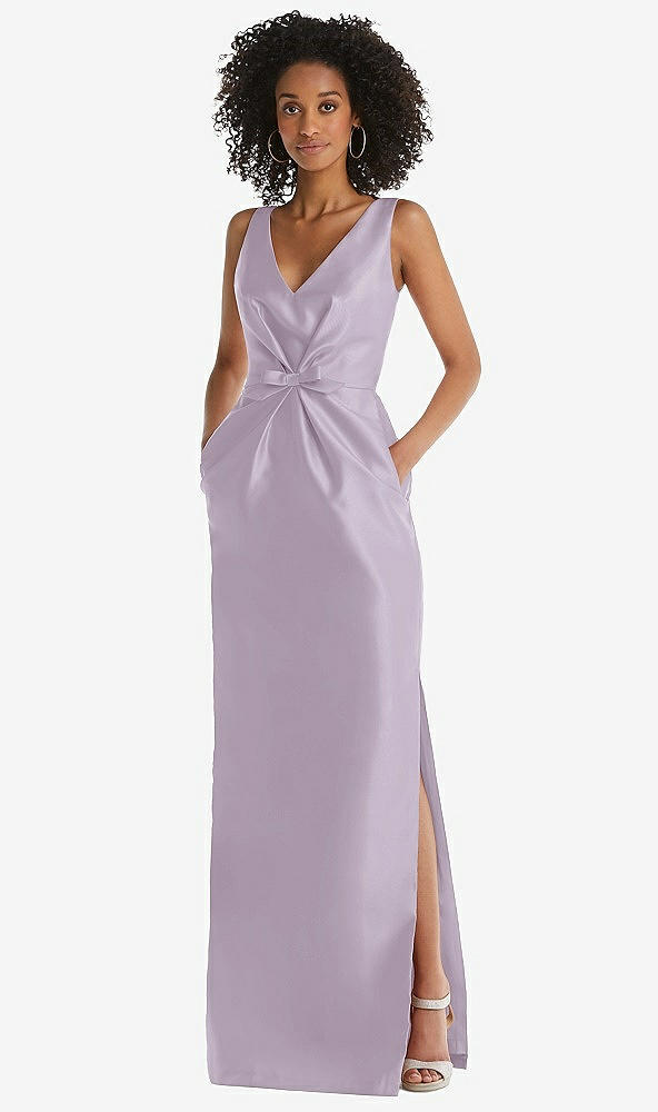 Front View - Lilac Haze Pleated Bodice Satin Maxi Pencil Dress with Bow Detail