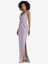 Side View Thumbnail - Lilac Haze Pleated Bodice Satin Maxi Pencil Dress with Bow Detail