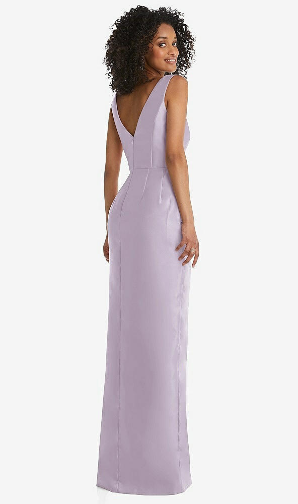 Back View - Lilac Haze Pleated Bodice Satin Maxi Pencil Dress with Bow Detail