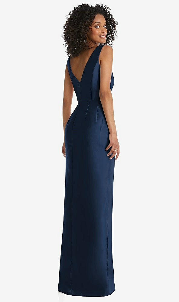 Back View - Midnight Navy Pleated Bodice Satin Maxi Pencil Dress with Bow Detail