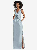 Front View Thumbnail - Mist Pleated Bodice Satin Maxi Pencil Dress with Bow Detail