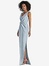 Side View Thumbnail - Mist Pleated Bodice Satin Maxi Pencil Dress with Bow Detail