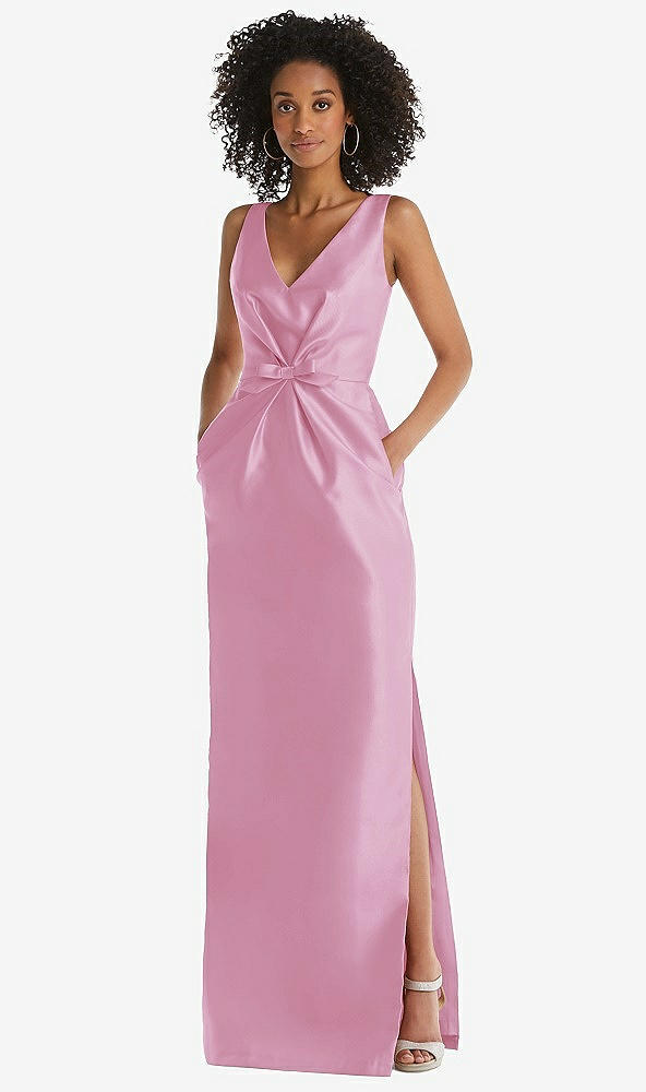 Front View - Powder Pink Pleated Bodice Satin Maxi Pencil Dress with Bow Detail