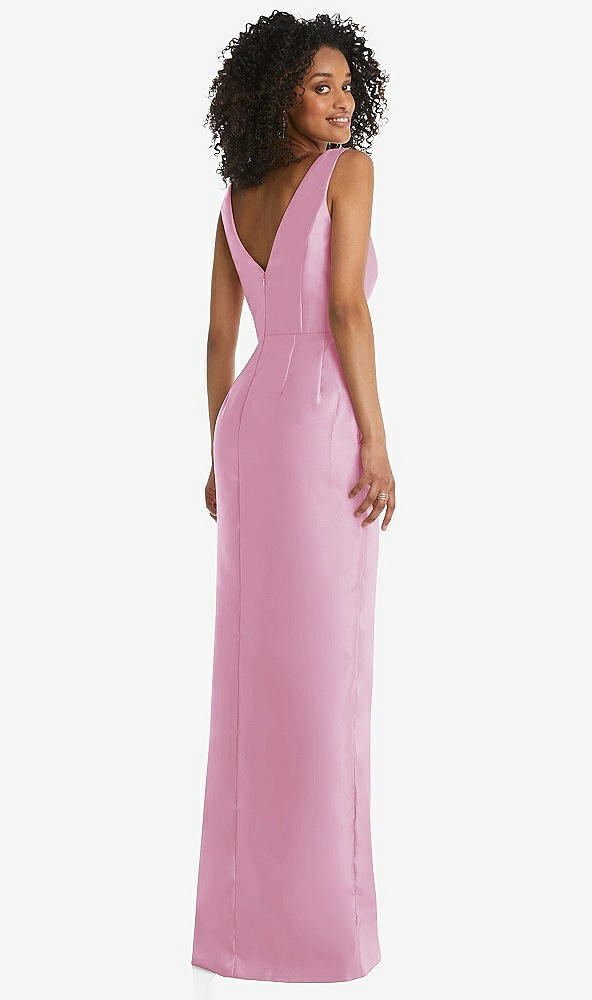 Back View - Powder Pink Pleated Bodice Satin Maxi Pencil Dress with Bow Detail