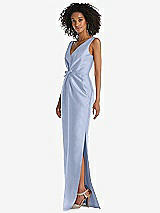Side View Thumbnail - Sky Blue Pleated Bodice Satin Maxi Pencil Dress with Bow Detail