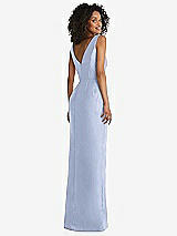 Rear View Thumbnail - Sky Blue Pleated Bodice Satin Maxi Pencil Dress with Bow Detail