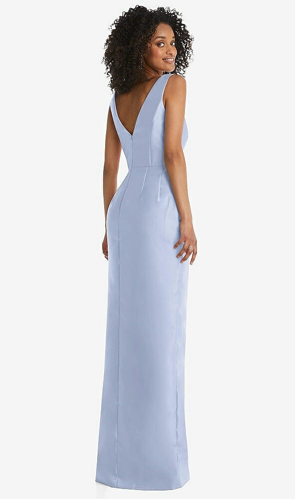 Back View - Sky Blue Pleated Bodice Satin Maxi Pencil Dress with Bow Detail