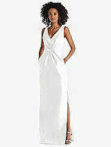 Front View Thumbnail - White Pleated Bodice Satin Maxi Pencil Dress with Bow Detail