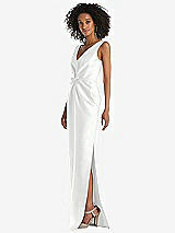Side View Thumbnail - White Pleated Bodice Satin Maxi Pencil Dress with Bow Detail