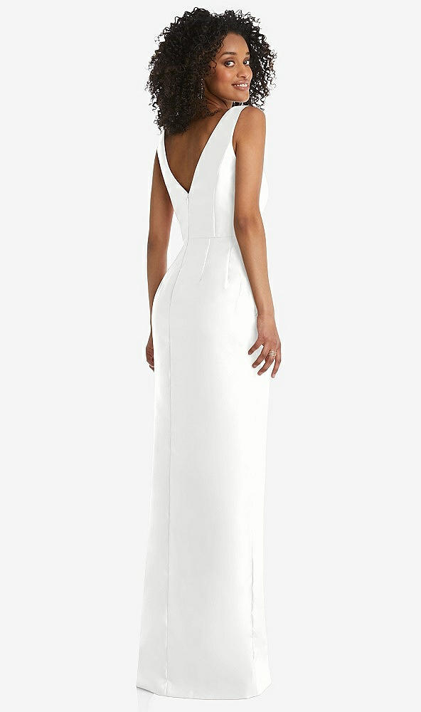 Back View - White Pleated Bodice Satin Maxi Pencil Dress with Bow Detail