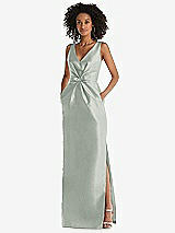 Front View Thumbnail - Willow Green Pleated Bodice Satin Maxi Pencil Dress with Bow Detail