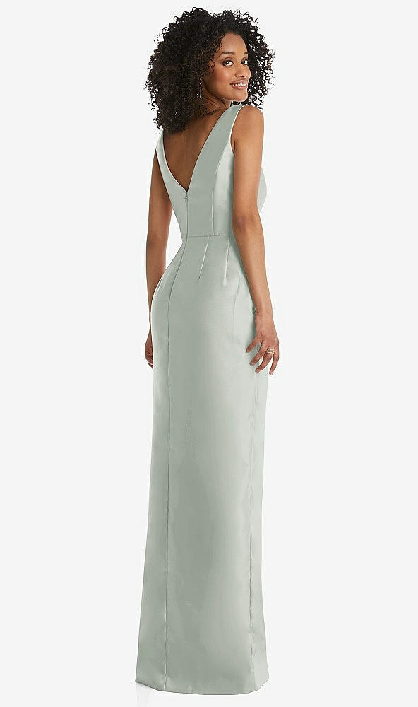 Back View - Willow Green Pleated Bodice Satin Maxi Pencil Dress with Bow Detail