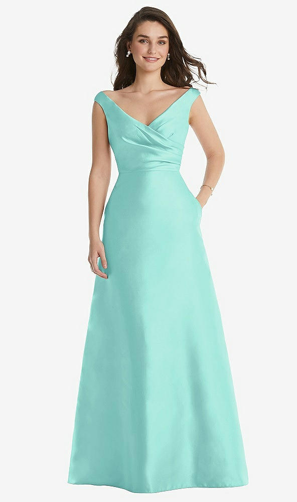 Front View - Coastal Off-the-Shoulder Draped Wrap Maxi Dress with Pockets