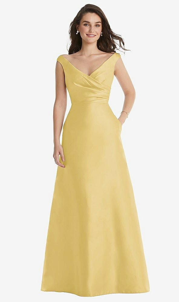 Front View - Maize Off-the-Shoulder Draped Wrap Maxi Dress with Pockets