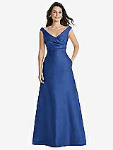 Front View Thumbnail - Classic Blue Off-the-Shoulder Draped Wrap Maxi Dress with Pockets