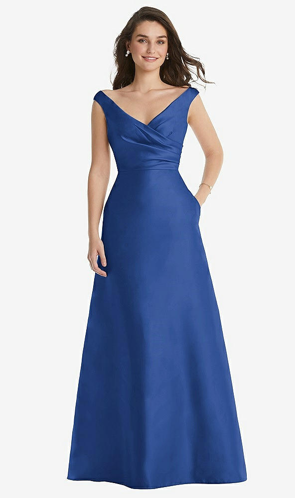 Front View - Classic Blue Off-the-Shoulder Draped Wrap Maxi Dress with Pockets
