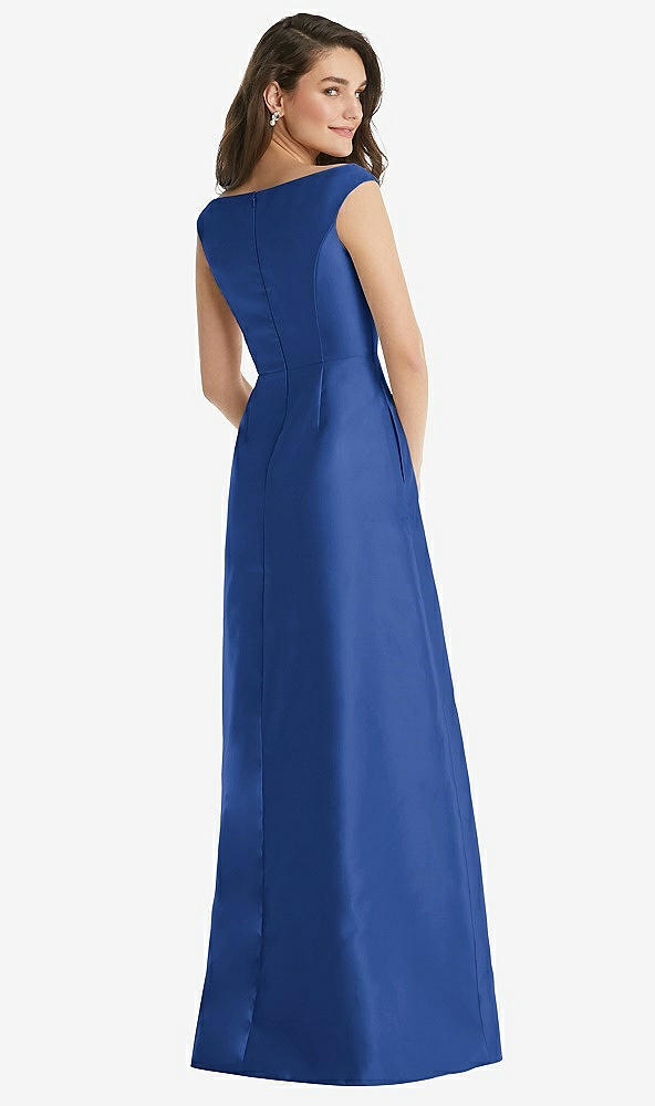 Back View - Classic Blue Off-the-Shoulder Draped Wrap Maxi Dress with Pockets