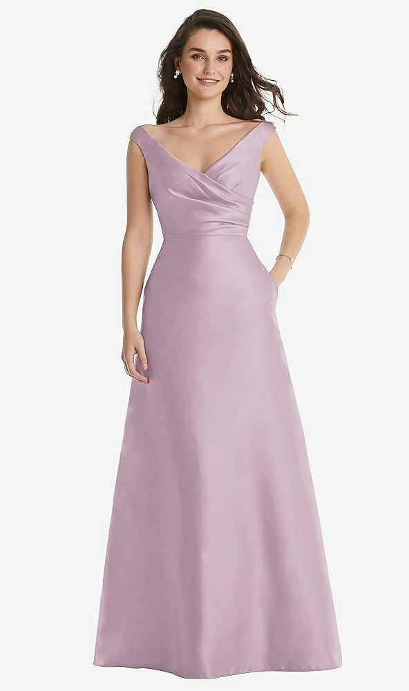 Front View - Suede Rose Off-the-Shoulder Draped Wrap Maxi Dress with Pockets
