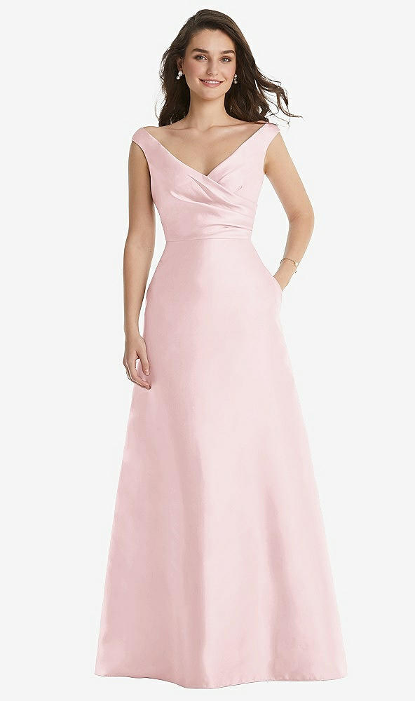 Front View - Ballet Pink Off-the-Shoulder Draped Wrap Maxi Dress with Pockets