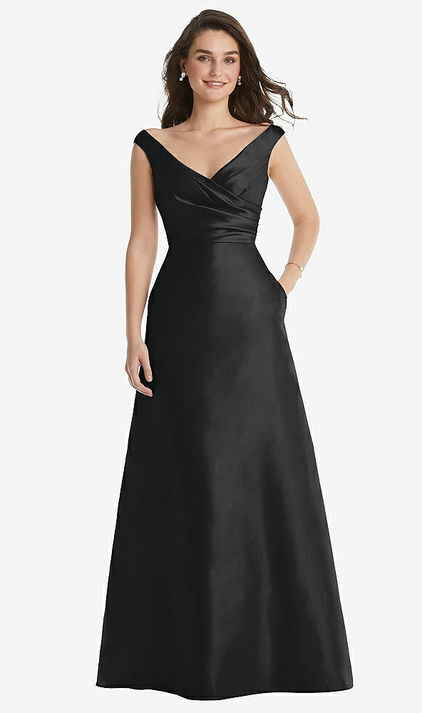 Front View - Black Off-the-Shoulder Draped Wrap Maxi Dress with Pockets