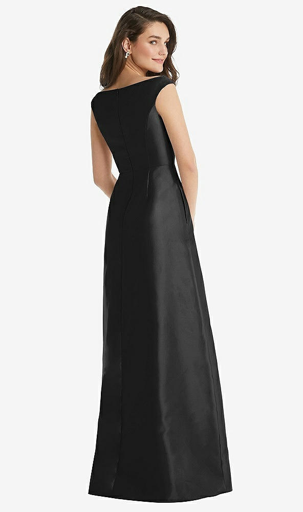 Back View - Black Off-the-Shoulder Draped Wrap Maxi Dress with Pockets