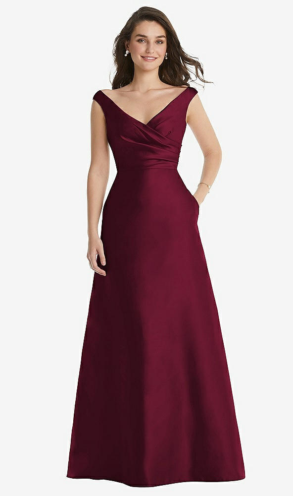 Front View - Cabernet Off-the-Shoulder Draped Wrap Maxi Dress with Pockets