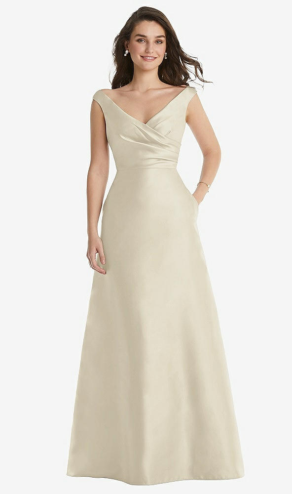 Front View - Champagne Off-the-Shoulder Draped Wrap Maxi Dress with Pockets
