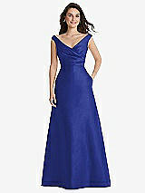 Front View Thumbnail - Cobalt Blue Off-the-Shoulder Draped Wrap Maxi Dress with Pockets