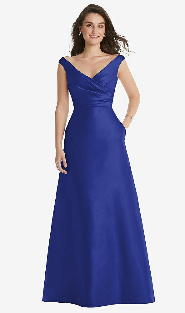 Front View - Cobalt Blue Off-the-Shoulder Draped Wrap Maxi Dress with Pockets