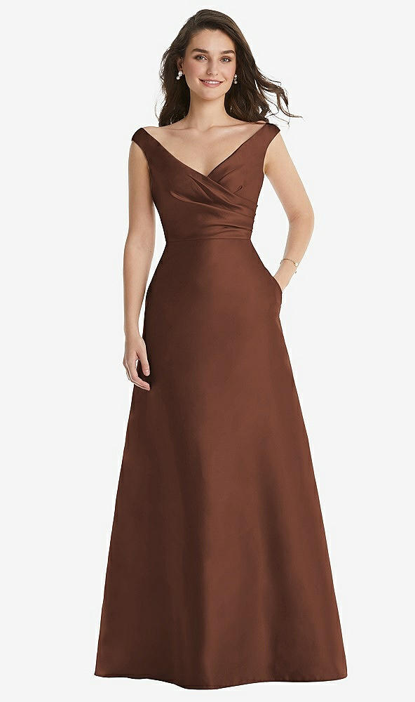 Front View - Cognac Off-the-Shoulder Draped Wrap Maxi Dress with Pockets