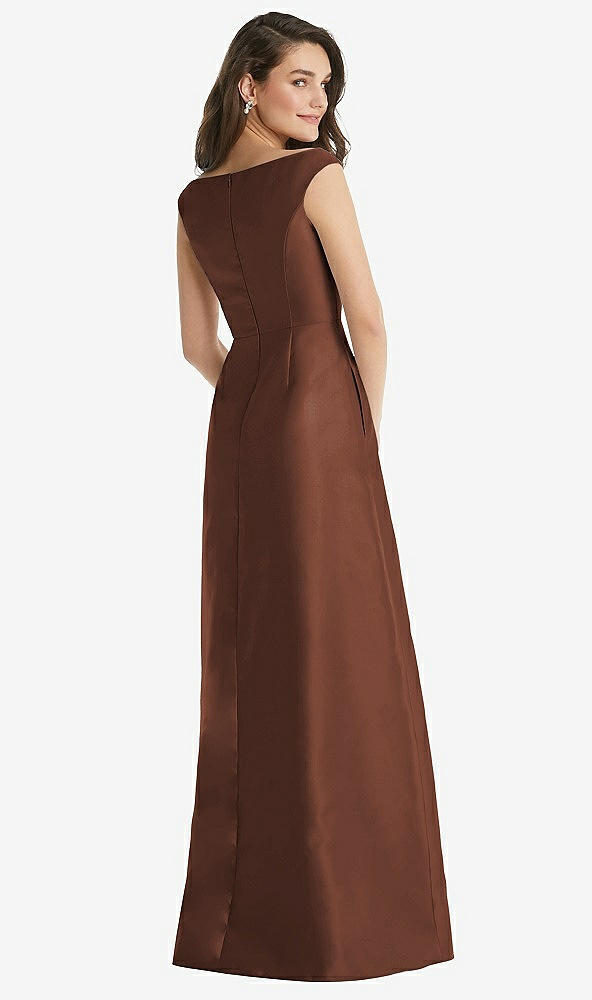 Back View - Cognac Off-the-Shoulder Draped Wrap Maxi Dress with Pockets