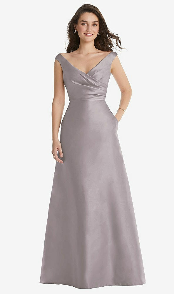 Front View - Cashmere Gray Off-the-Shoulder Draped Wrap Maxi Dress with Pockets