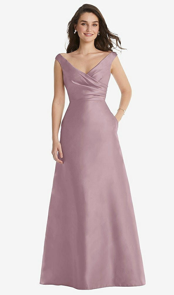 Front View - Dusty Rose Off-the-Shoulder Draped Wrap Maxi Dress with Pockets