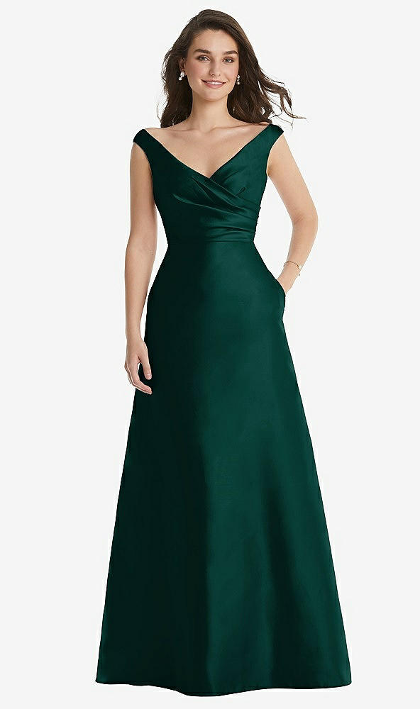 Front View - Evergreen Off-the-Shoulder Draped Wrap Maxi Dress with Pockets