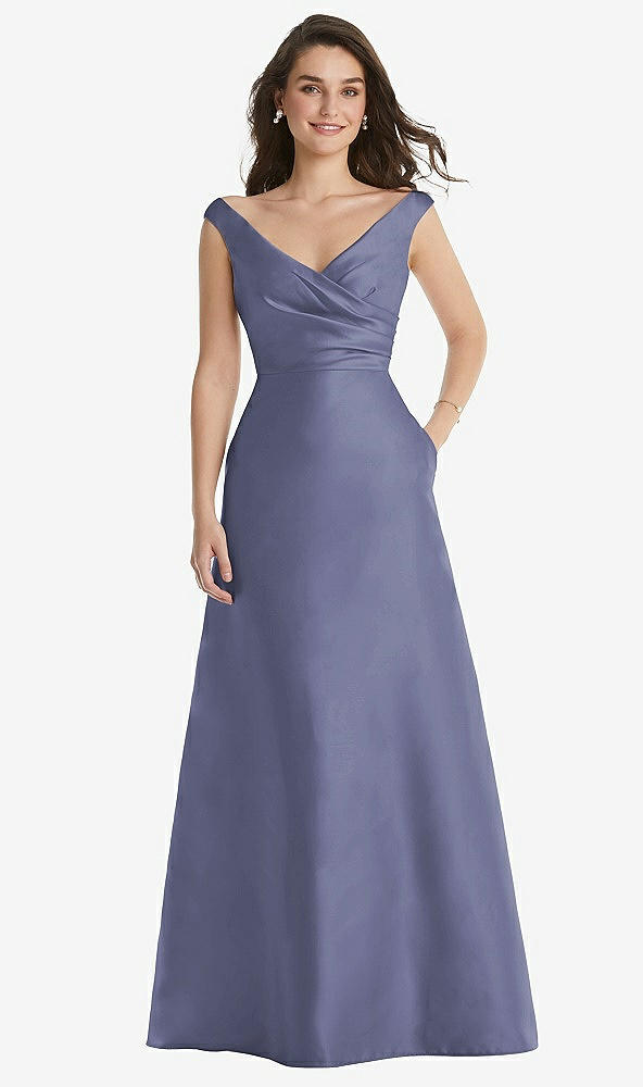 Front View - French Blue Off-the-Shoulder Draped Wrap Maxi Dress with Pockets