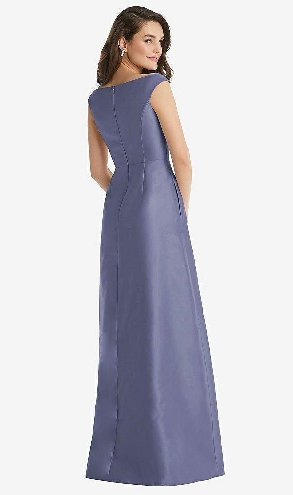 Back View - French Blue Off-the-Shoulder Draped Wrap Maxi Dress with Pockets