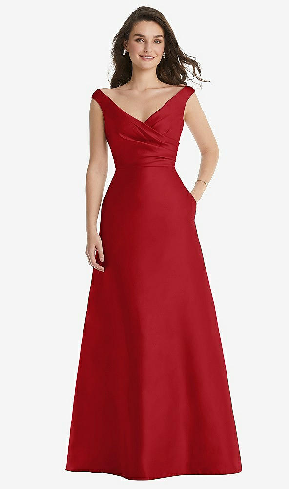 Front View - Garnet Off-the-Shoulder Draped Wrap Maxi Dress with Pockets
