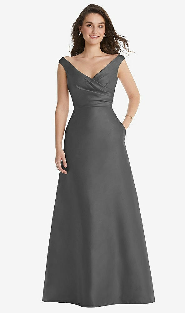 Front View - Gunmetal Off-the-Shoulder Draped Wrap Maxi Dress with Pockets