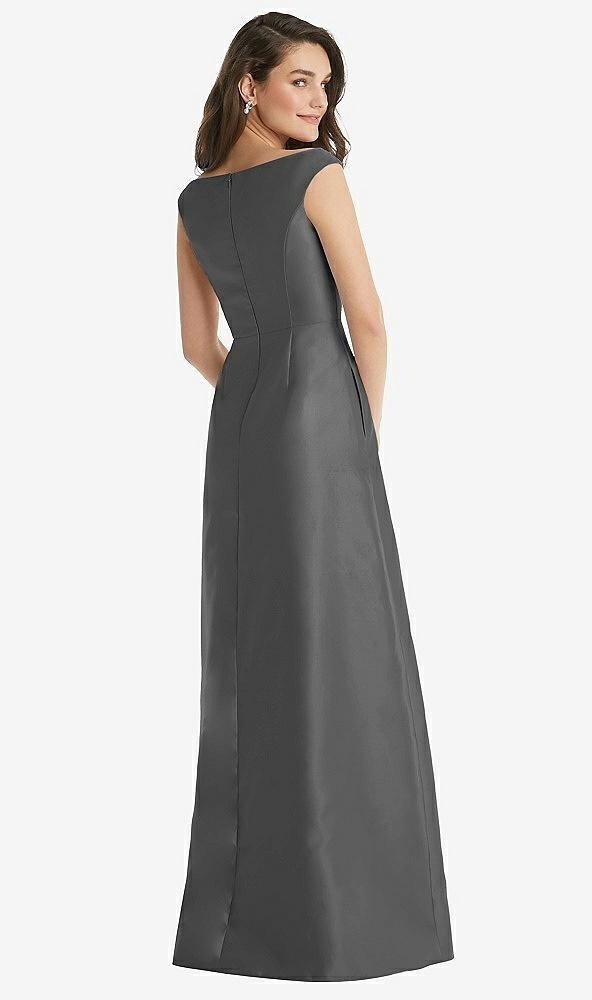 Back View - Gunmetal Off-the-Shoulder Draped Wrap Maxi Dress with Pockets