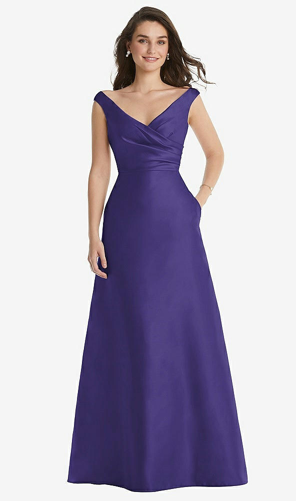 Front View - Grape Off-the-Shoulder Draped Wrap Maxi Dress with Pockets
