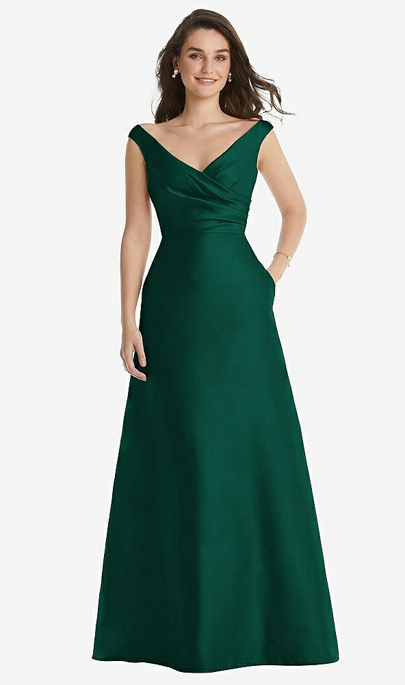 Front View - Hunter Green Off-the-Shoulder Draped Wrap Maxi Dress with Pockets