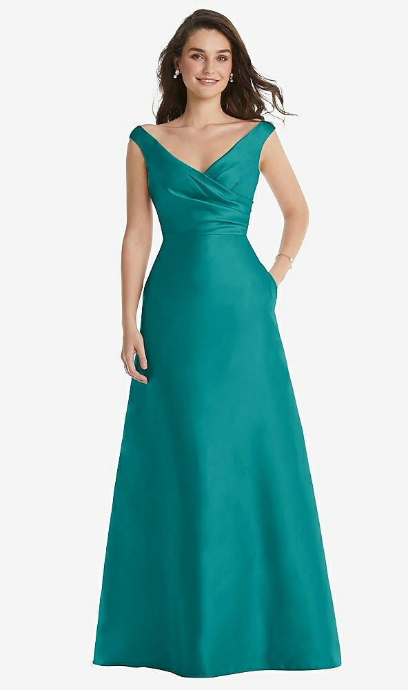 Front View - Jade Off-the-Shoulder Draped Wrap Maxi Dress with Pockets