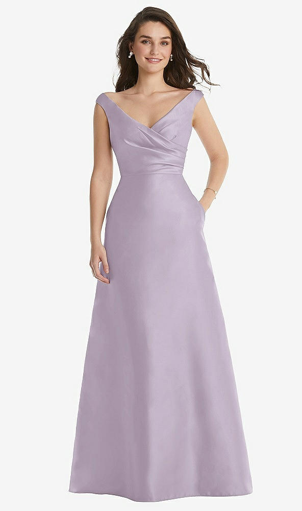 Front View - Lilac Haze Off-the-Shoulder Draped Wrap Maxi Dress with Pockets