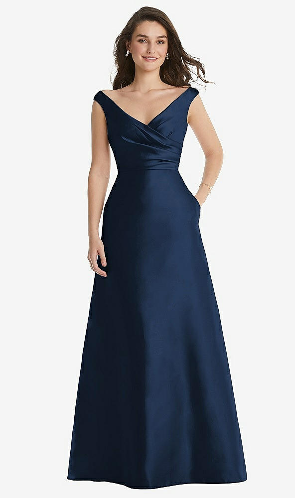 Front View - Midnight Navy Off-the-Shoulder Draped Wrap Maxi Dress with Pockets