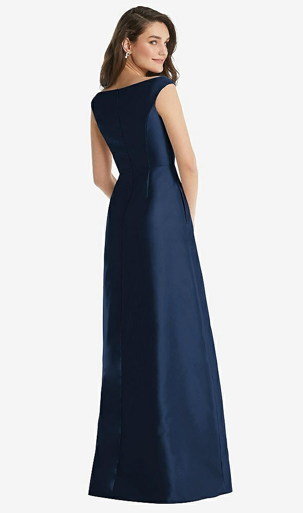 Back View - Midnight Navy Off-the-Shoulder Draped Wrap Maxi Dress with Pockets
