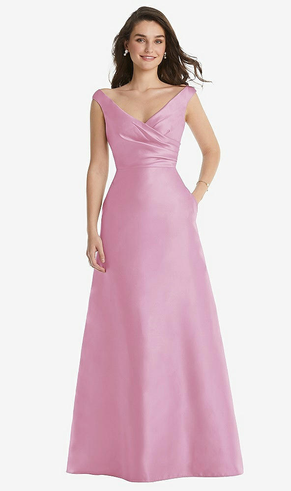 Front View - Powder Pink Off-the-Shoulder Draped Wrap Maxi Dress with Pockets