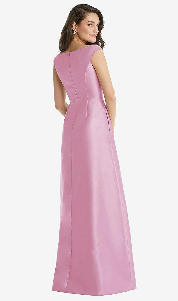 Back View - Powder Pink Off-the-Shoulder Draped Wrap Maxi Dress with Pockets