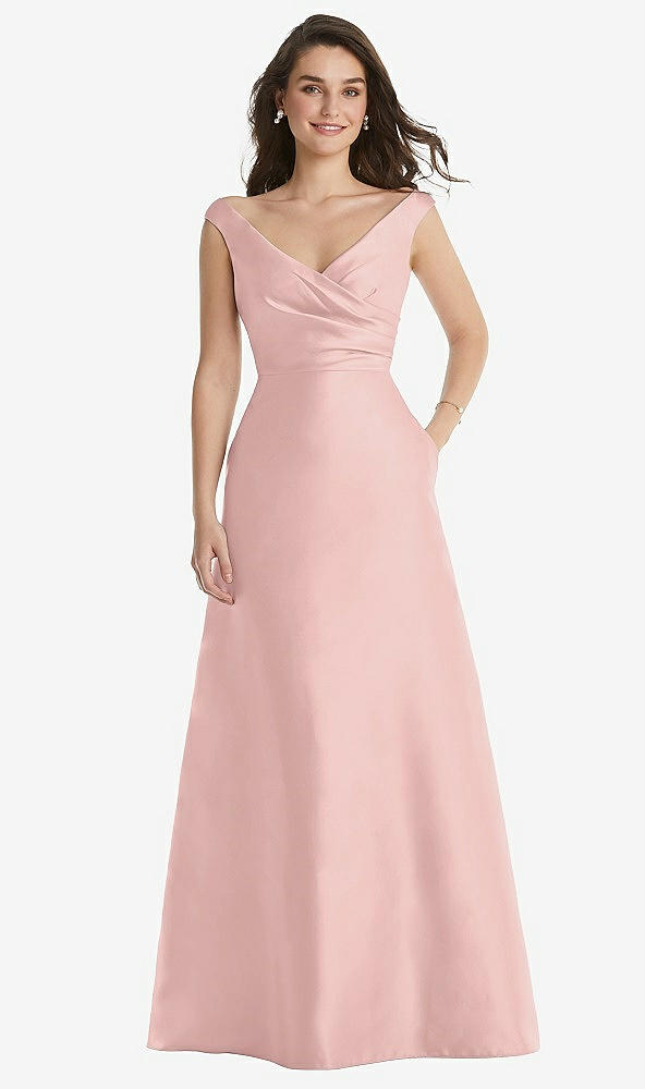 Front View - Rose - PANTONE Rose Quartz Off-the-Shoulder Draped Wrap Maxi Dress with Pockets
