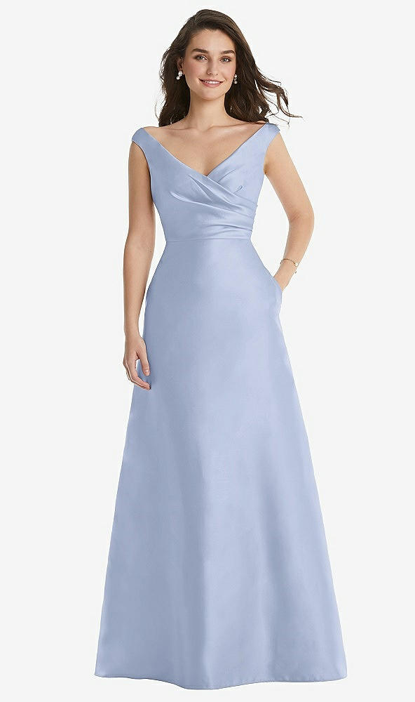 Front View - Sky Blue Off-the-Shoulder Draped Wrap Maxi Dress with Pockets