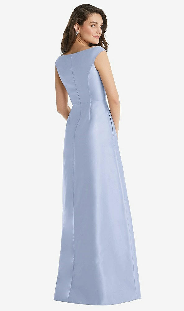 Back View - Sky Blue Off-the-Shoulder Draped Wrap Maxi Dress with Pockets